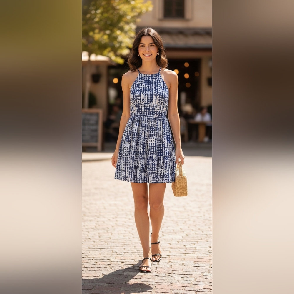 Guess blue,black& white geo print lined sleeveless fit&flare dress,size 12